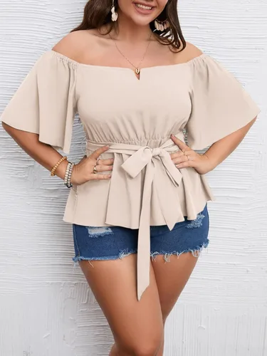 Miniatura 2 de SCOMCHIC Blusa peplum con hombros descubiertos para mujer, talla grande, media manga acampanada, cintura con lazo en la cintura, dobladillo