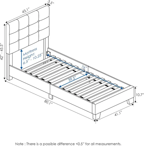 Miniatura 2 de Furinno Laval Marco de Cama Plataforma Tapizado con Botones Penachos, Individual, Glacier