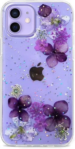Miniatura 24 de Abbery - Funda diseñada para iPhone 12/12 Pro con purpurina, transparente y linda con diseño de mariposa, correa para la muñeca, brillante