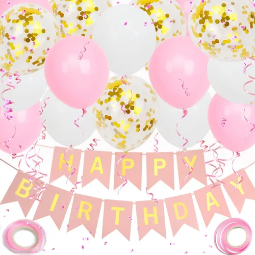 Miniatura 14 de Cartel de feliz cumpleaños, decoración de cumpleaños de oro rosa, 16 globos de 12 pulgadas con 2 cintas para decoración de fiesta de niña y mujer
