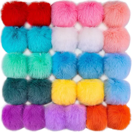 BQTQ 26 pompones de piel sintética de conejo con lazo elástico, pompón esponjoso para sombreros, zapatos, bufandas, guantes, bolsas, accesorios (13
