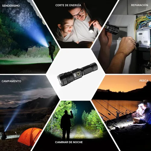 Miniatura 8 de Linternas recargables de alto lúmenes, 10000 lm LED súper brillante, linternas con zoom con pantalla digital LCD, 5 modos, impermeable, potente Negro