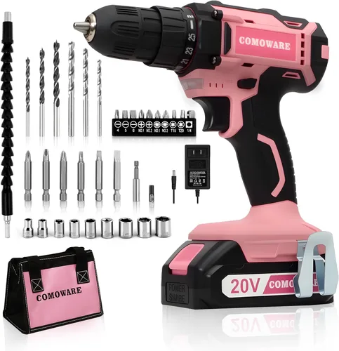 Miniatura 12 de COMOWARE - Juego de herramientas para el hogar rosa con taladro inalámbrico de 20V, juego de 120 piezas de herramientas manuales para mujeres, juego