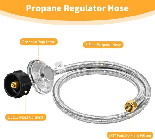 Miniatura 3 de GasSaf Regulador de Propano de 6 Pies y Manguera Regulador Universal de Parrilla de Repuesto con Manguera Trenzada de Acero Inoxidable para Parrilla