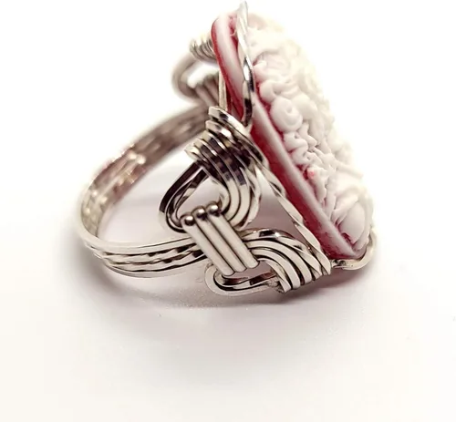 Miniatura 3 de Anillo de camafeo grande de plata de ley 925 con mariposas griegas rojas