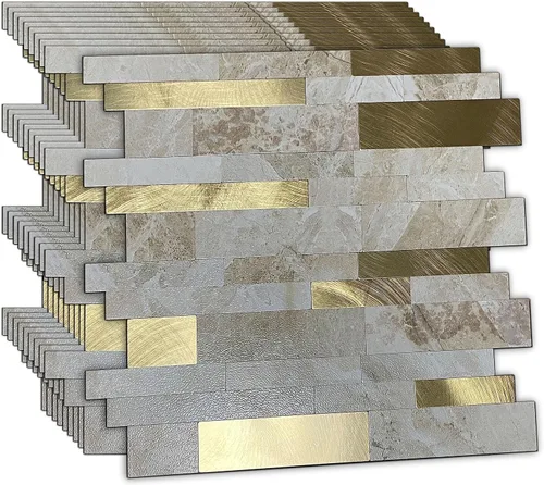 Miniatura 13 de XUANINY 10 hojas de azulejos metálicos despegar y pegar para protector contra salpicaduras, autoadhesivos de aluminio 3D, adhesivos de pared