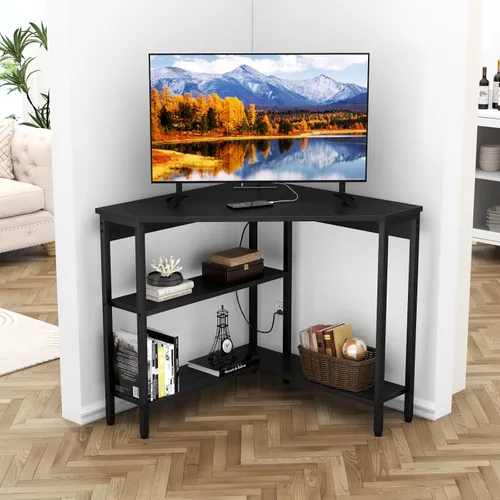 Miniatura 8 de Auromie Escritorio esquinero con tomas y puertos USB, mesa de esquina triangular de 90 grados con soporte para CPU y estantes de almacenamiento