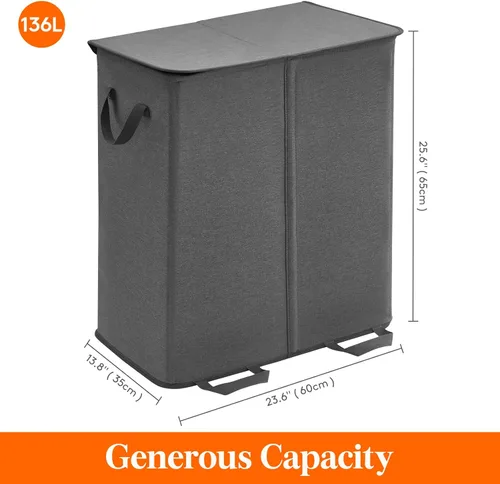 Miniatura 6 de Lifewit Cesta de lavandería doble con tapa y bolsas de lavandería extraíbles, gran plegable, 2 divisores, cesta de ropa sucia con asas para Negro