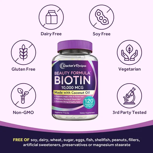 Miniatura 6 de Doctor's Recipes Biotina 10,000 mcg, crecimiento del cabello, piel y uñas saludables, metabolismo energético, biotina apta para vegetarianos