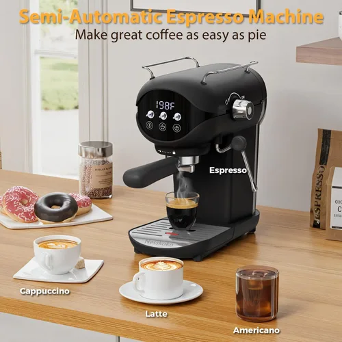 Miniatura 6 de Cafetera Espresso con espumador de leche a vapor semiautomática de 20 bares, diseño compacto en negro con interruptor de palanca para café espresso