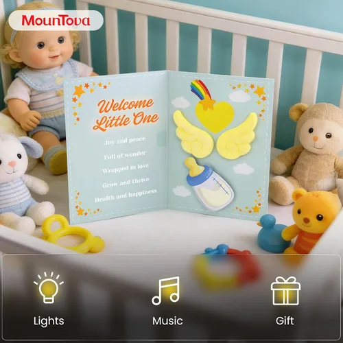 Miniatura 2 de Tarjeta musical de alta calidad para baby shower con luz LED cálida, alas de ángel de felpa 3D, recuerdo de canción de cuna para nuevos padres