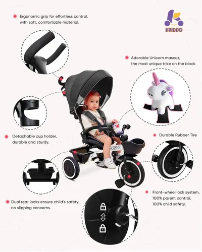 Miniatura 5 de KRIDDO Cochecito de triciclo 7 en 1 para niños pequeños de 18 meses a 5 años, mango de empuje ajustable, asiento giratorio, portavasos y toldo Blanco