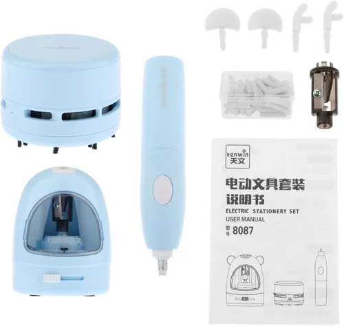 Miniatura 7 de Menolana Lápiz eléctrico, borradores electrónicos, mini escritorio, juego de aspiradora mecánica para niños, papelería, suministros de oficina, azul