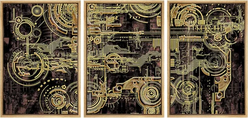 Miniatura 9 de wall26 Lienzo enmarcado para pared, juego de arte futurista amarillo de ciencia ficción y fantasía con ruedas de tren, ilustraciones