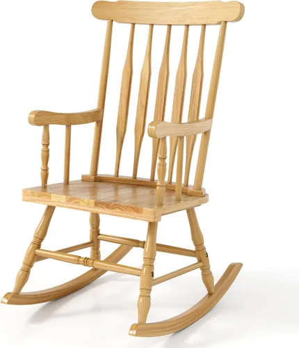 Miniatura 14 de Giantex Mecedora de madera para exteriores, mecedora de patio con marco de madera de goma maciza, respaldo de listones, balancín exterior e