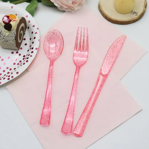 Miniatura 5 de 150 piezas de juego de cubiertos de plástico rosa resistente - 50 tenedores, 50 cuchillos, 50 cucharas para cumpleaños, boda, baby shower, despedida