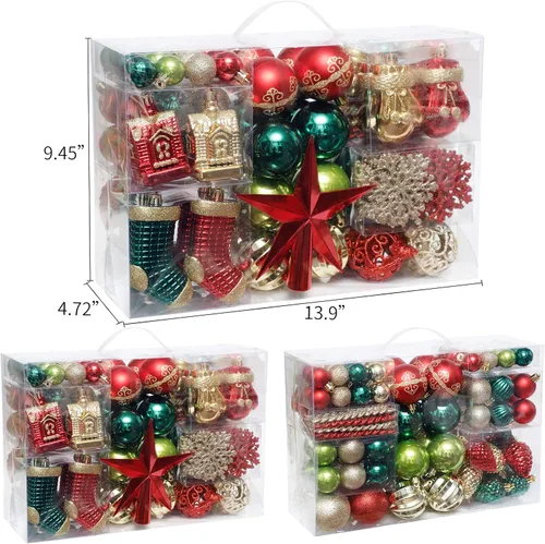 Miniatura 3 de ROSELEAF Juego de 132 piezas de decoración para árbol de Navidad, adornos colgantes inastillables en rojo, verde y dorado, estilo de arte popular