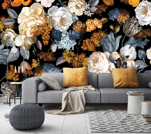 Papel tapiz floral negro y dorado para dormitorio, mural de pared vintage de flores de peonía azul (no es del estilo pelar y pegar)
