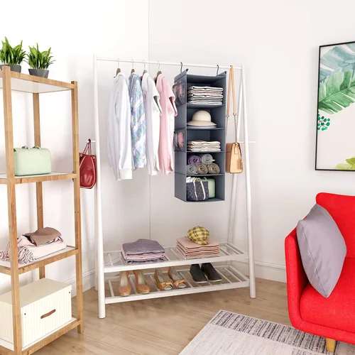 Miniatura 5 de MAX Houser Organizador de armario colgante de 5 estantes, ahorro de espacio, estantes colgantes de tela con 4 bolsillos laterales, plegable, gris