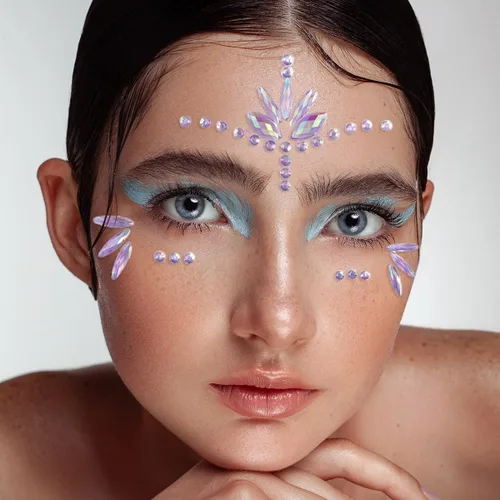Miniatura 6 de Gemas Faciales de Sirena Joyas Adhesivas para Halloween Cuerpo Ojos Cara Joyas Gemas para Festivales Rave Tatuajes con Purpurina Cristales Púrpura