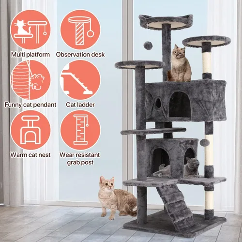 Miniatura 6 de Árbol para gatos de 54 pulgadas, torre de escalada para gatos con poste rascador, casa para gatos con percha, árbol para gatitos, condominio