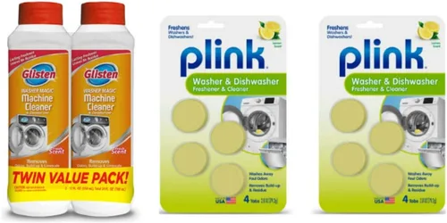 Glisten Washer Magic - Limpiador y desodorante para lavadora, 2 botellas y pestañas ambientadoras Plink, paquete de 2
