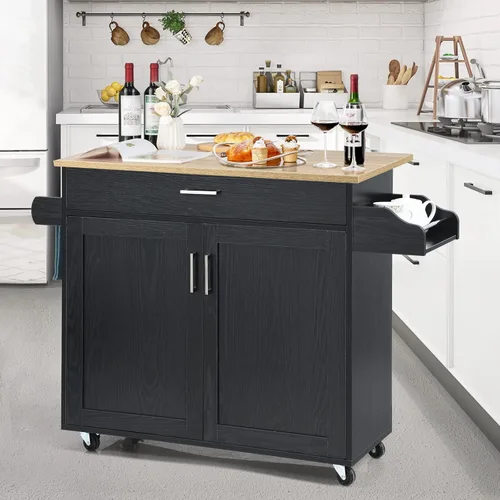 Miniatura 9 de COSTWAY Isla de cocina sobre ruedas, carrito de almacenamiento rodante con gabinete grande, cajón, estante de especias y toallero, utilidad