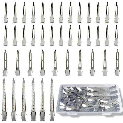 HiJeaton 42 piezas de pinzas para el pelo de metal plateado con pico de pato para peinar y separar, pinzas largas de pico de pato, rulos de pinza de