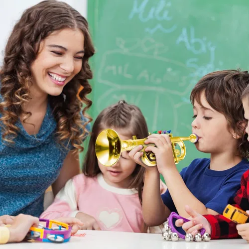 Miniatura 6 de Lewtemi Juego de 2 instrumentos musicales que incluyen trompeta de juguete y saxofón, trompeta de plástico, juguete educativo de Navidad, regalo