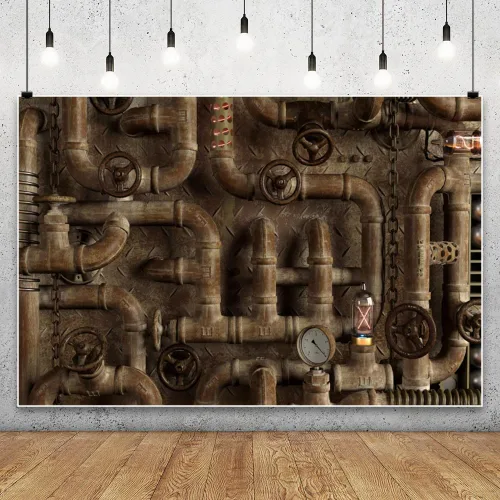 Miniatura 2 de YongFoto Telón de fondo vintage oxidado, estilo punk, de 5 x 3 pies, tuberías de vapor industriales de metal antiguo, fondo de fotografía, hippie