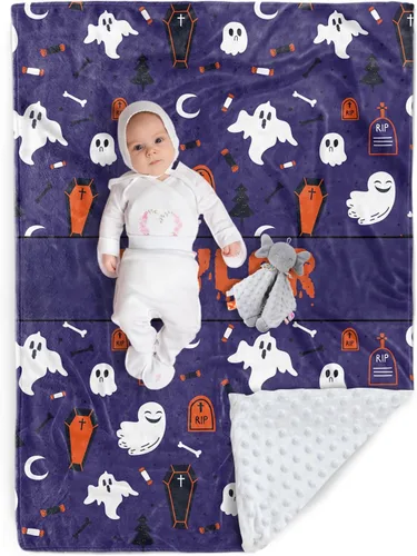 Miniatura 10 de Manta de Halloween personalizada, nombre personalizado con diseños de dibujos animados de Halloween, manta de franela de felpa suave con respaldo