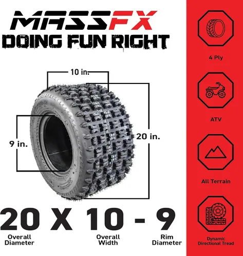 Miniatura 2 de MASSFX 20x10-9 Neumático Trasero para Vehículos Todo Terreno (ATV), Utilidad-Tarea (UTV) y Lado a Lado (SxS) - 4 Capas con Profundidad de Banda