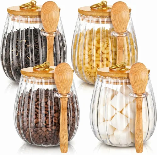 Pinkunn Juego de 4 tarros de vidrio con tiras de vidrio y cucharas de bambú 20 Fl oz Recipientes de avena con tapas Recipientes de café, azúcar para