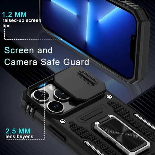 Miniatura 402 de DEERLAMN Funda para iPhone Xs Max con funda deslizante para cámara + protector de pantalla, soporte giratorio de anillo de grado militar a prueba