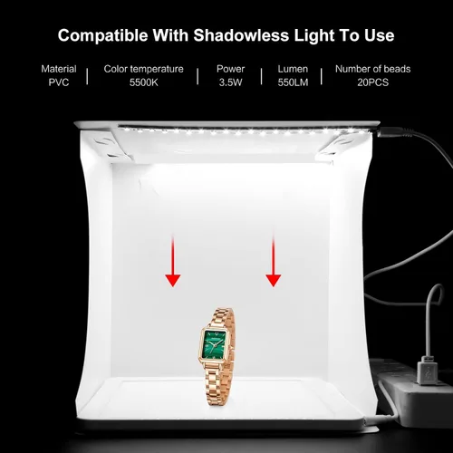 Miniatura 7 de Caja de luz portátil para fotos de 10 pulgadas, tienda de campaña plegable para estudio de fotografía con barra de luz LED, 20 cuentas LED, 550 lm