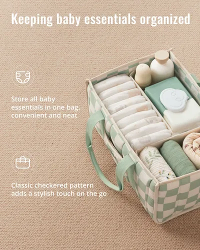 Miniatura 2 de Blissful Diary Organizador de pañales a cuadros, elegante cesta de almacenamiento para guardería, regalo para baby shower, artículos esenciales