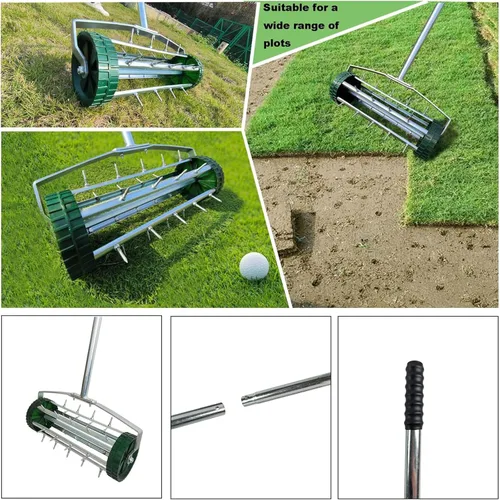 Miniatura 7 de Aireador de césped rodante resistente de 16 pulgadas con picos afilados y mango antideslizante, aireador de empuje para jardín, patio, herramienta