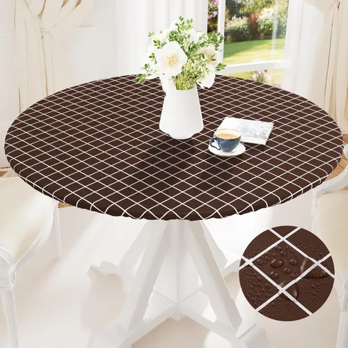 Miniatura 40 de Mantel redondo de vinilo de 36 a 44 pulgadas, mantel elástico impermeable con reverso de franela, mantel de plástico para picnic, campamento, al Café