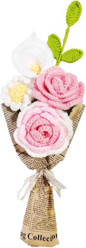 Ramo de flores de ganchillo para tejer, flores hechas a mano, girasol, margarita, rosa falsa con hojas verdes para decoración de mesa del hogar, rosa