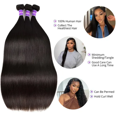 Miniatura 5 de 3 manojos de cabello humano brasileño lacio ondulado grado 10A, cabello virgen Remy sin procesar, 24, 26, 28 pulgadas, paquetes de cabello lacio