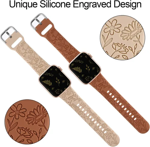 Miniatura 5 de Paquete de 2 correas deportivas grabadas con flores compatibles con correas de Apple Watch de 1.496 pulgadas, 1.575 pulgadas, 1.614 pulgadas, Nogal