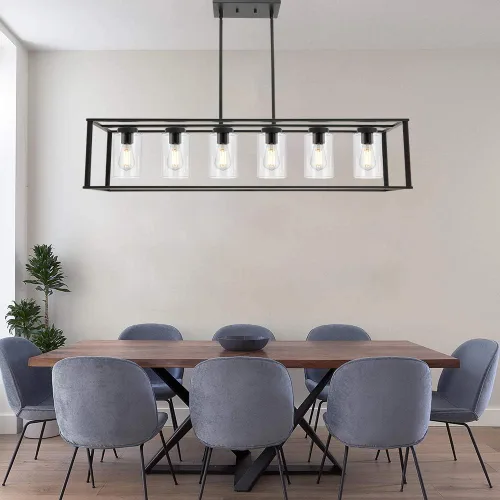 Miniatura 7 de Candelabros de 6 luces con acabado negro, accesorios de iluminación colgantes industriales modernos para isla de cocina con luces de techo de vidrio
