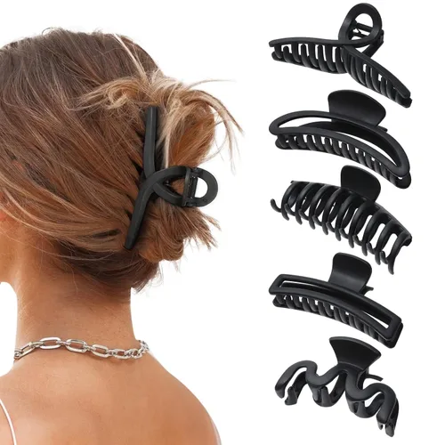 5 pinzas de pelo grandes para cabello grueso, pinzas de pelo grandes de plátano para mujeres, antideslizantes, de sujeción fuerte (negro mate)