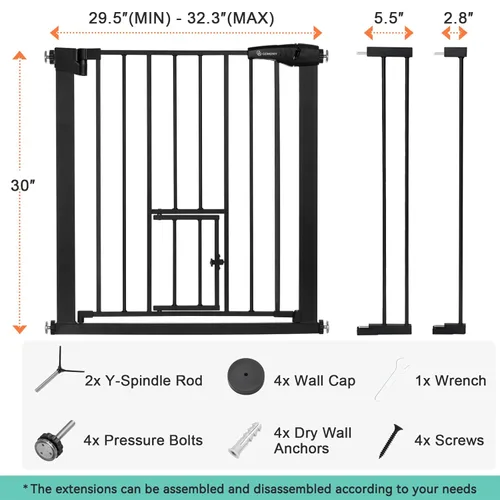 Miniatura 2 de COMOMY Puerta de bebé con cierre automático con puerta para gatos, puerta extra ancha para perros de 29.5 a 40.5 pulgadas para puertas de casa, Negro