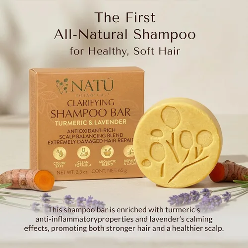 Miniatura 3 de NATÚ BOTANICALS Barra de champú clarificante, barra de champú sólida fortalecedora con cúrcuma, lavanda y manteca de cacao para fortalecer y reparar