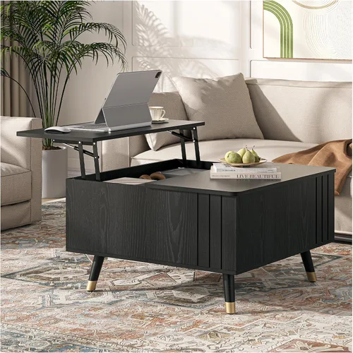 Miniatura 15 de SULIVES Mesa auxiliar ovalada con almacenamiento, mesa de centro multifuncional con tambor elevable, pequeña mesa central acanalada para sala