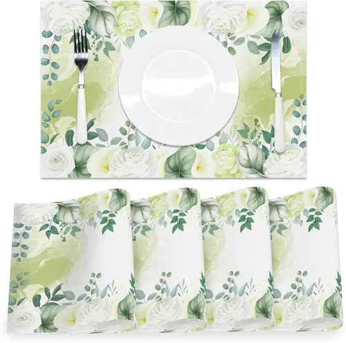 Miniatura 13 de AOFOTO Juego de 4 manteles individuales con estampado floral de hojas de eucalipto verdes con acuarela, manteles individuales rectangulares lavables