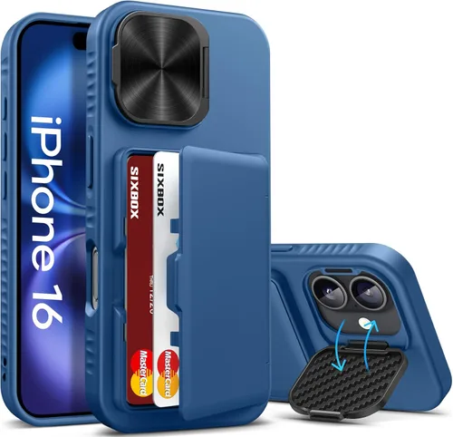 Miniatura 25 de Funda para iPhone 16e tipo cartera, soporte integrado, tarjetero y cubierta para lente de cámara, protección de cuerpo completo, resistente, Negro