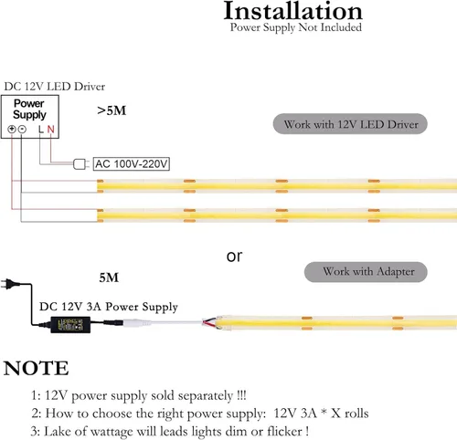 Miniatura 7 de JOYLIT Tira de luces LED COB de 12 V, 20 pies/6M, IP65, impermeable, 3000 K, blanco cálido, 320 LEDs/M CRI 90+, cinta adhesiva brillante, uniforme