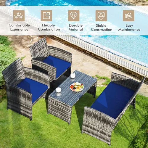 Miniatura 2 de Goplus Juego de muebles de ratán de 4 piezas, sofá de conversación de mimbre para exteriores con cojines resistentes a la intemperie y mesa de Azul